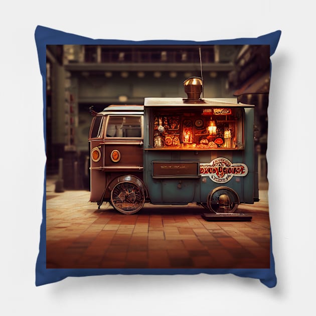 Steampunk Tokyo Ramen Food Truck Pillow by Grassroots Green