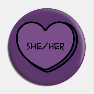 Pronoun She/Her Conversation Heart in Purple Pin