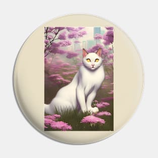 White Cat Surrounded by Flowers Tokyo Background 2and Yellow eyes Pin