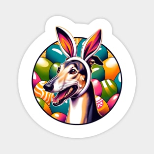 Greyhound Celebrates Easter with Bunny Ears and Joy Magnet