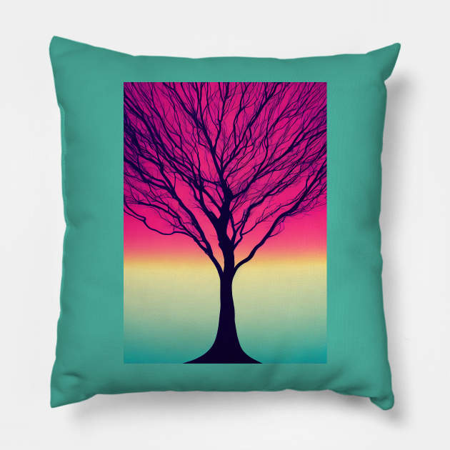 Lonely Tree Under a Pink Midnight Sky - Vibrant Colored Whimsical - Abstract Minimalist Bright Colorful Nature Poster Art of a Leafless Branches Pillow by JensenArtCo