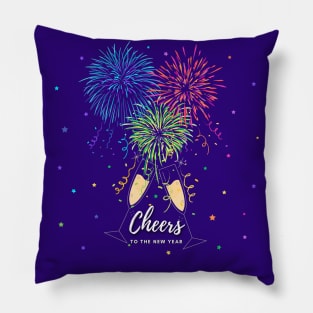 Cheers to the New Year Fireworks, Champagne Flutes and Stars Pillow