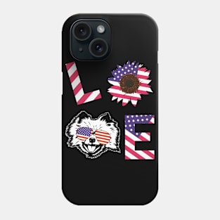 Cool US Flag Sunflowers Glasses Dog Face LOVE Pomeranian Dog Americans Independence USA July 4th Day Phone Case