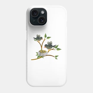 Bird with a worm perched on a tree with nest with young nestlings chirping for food. Phone Case