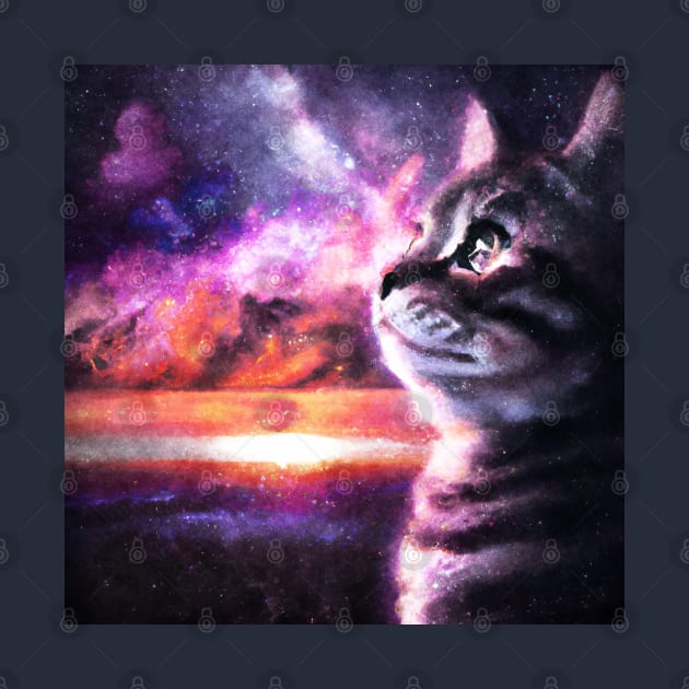 Tabby cat looking at nebula sky by Off the Page