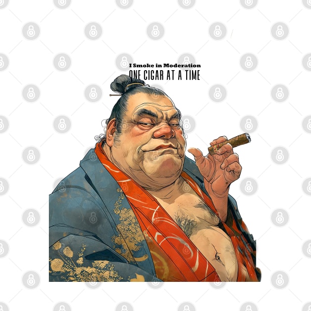 Puff Sumo Smoking a Cigar: "I Smoke Cigars in Moderation; One Cigar at a Time" on a light (Knocked Out) background by Puff Sumo