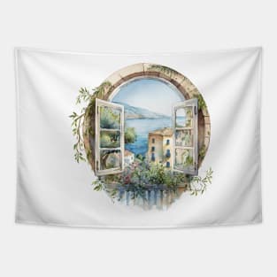 French Riviera Window View Tapestry