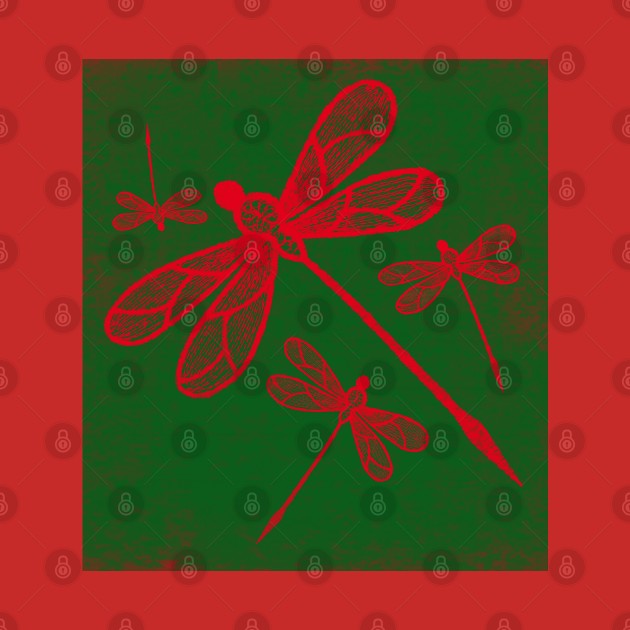 Red embroidered dragonflies on green by hereswendy