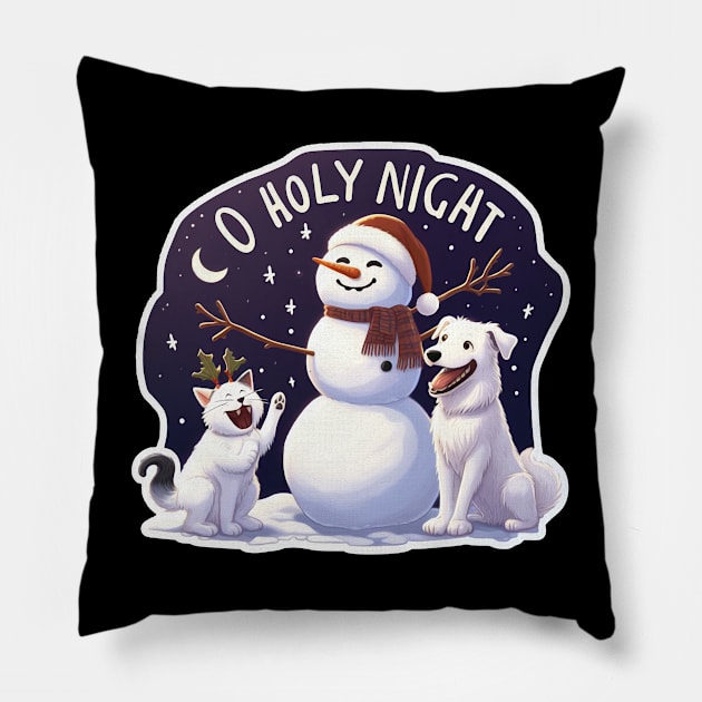 O Holy Night White Cat Dog Snowman Pillow by Plushism