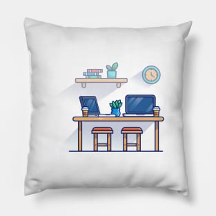 Table, Chair, Laptops, Plant, Clock, Books, And Cups Cartoon Pillow