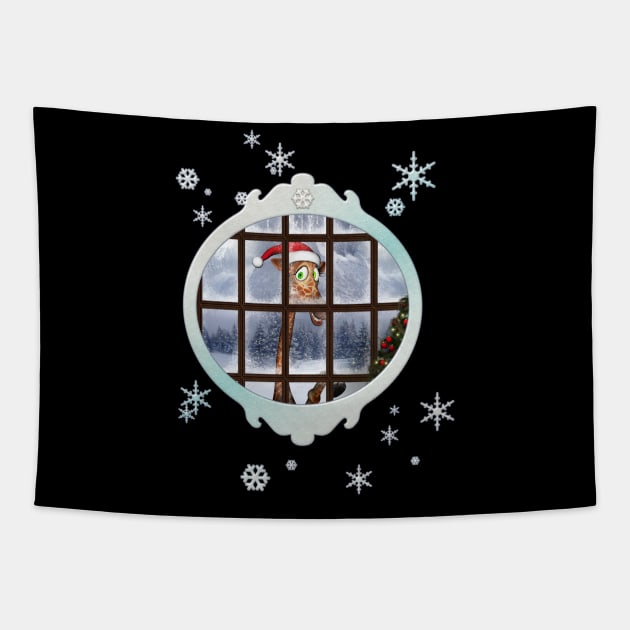 Funny giraffe  with christmas hat looks through the window Tapestry by Nicky2342