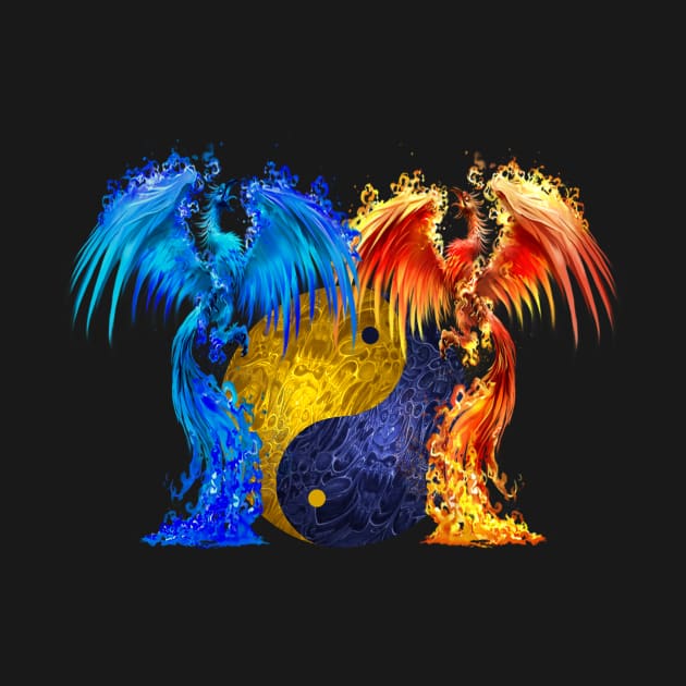 Fantasy Fire And Ice Phoenix Yellow Blue Yin Yang by Atteestude