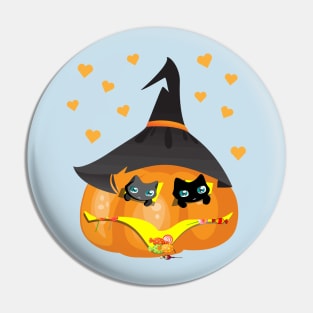Black and Gray Cat in a Pumpkin House with Sweets Pin