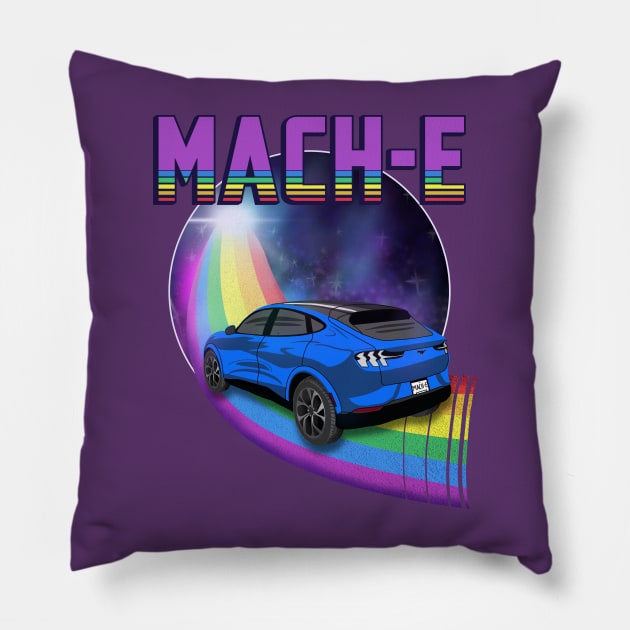 Mach-E Rides the Rainbow Galaxy in Grabber Blue Pillow by zealology