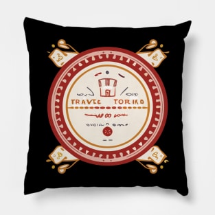 a vintage travel-themed t-shirt design with retro postcard illustrations faded colors and a distressed texture to give it an authentic retro look Pillow