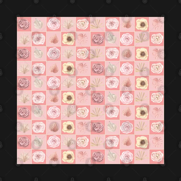 PEACH AND PINK AND CREAM CHECKERBOARD FLOWER PATTERN WITH LEAVES - FLOWERS AND GRASSES by colorsandpatterns