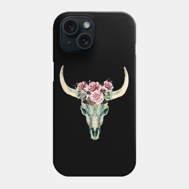 Cow Skull and floral roses crown, boho, bull skull, watercolor style and mandala decorations Phone Case by Collagedream