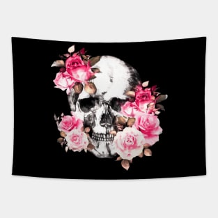 Floral skull for gothic girl, Floral Skull with pink roses, watercolor style, botanical anatomy Tapestry