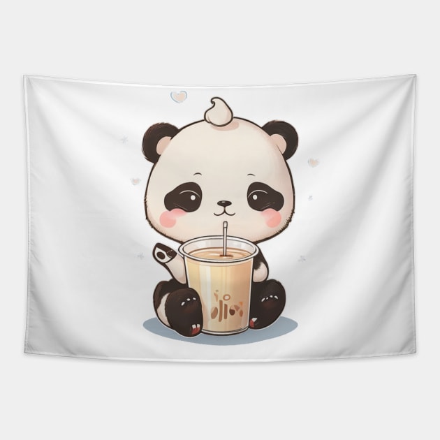 Cute panda with coffee Tapestry by Majkel&Majkel