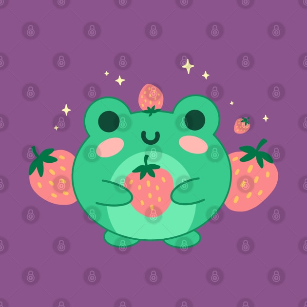 Neon Green Kawaii Frog, Blushing Strawberry, Retro Japanese Aesthetic by Ministry Of Frogs