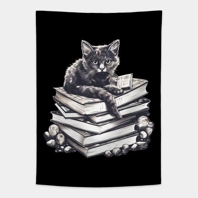 Bookish cat sleeping on books - Kitten lady & librarian gift Tapestry by OutfittersAve