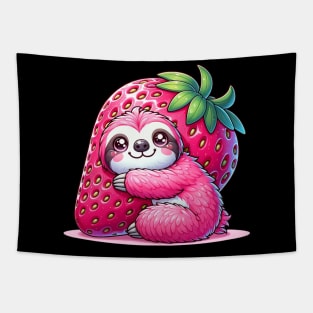 Pink Sloth Hugging a Strawberry Cute Kawaii Animal Tapestry