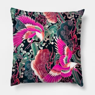 PINK FUCHSIA FLYING CRANES ,FLOWERS, SEA WAVES BLUE GREEN FLORAL Pillow