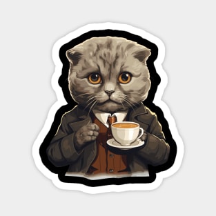 Scottish Fold Cat Drinking Coffee Magnet