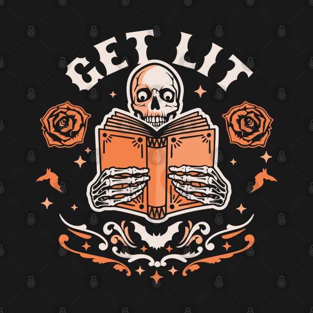 Get Lit Literature Skeleton Reading Book Library Book Lover by OrangeMonkeyArt