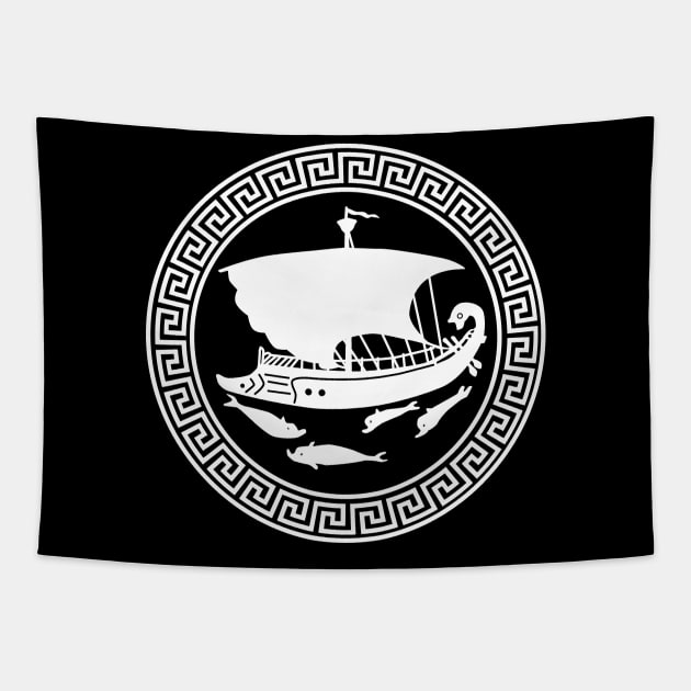 Round Greek Key Pattern,  Sail Ship with Dolphins Tapestry by cartogram