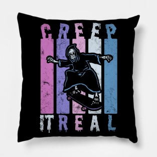 Creep It Real Spooky Halloween Skeleton Skateboarding Skater Pillow