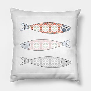 Traditional Portuguese icon. Colored sardines with typical Portuguese tiles patterns. Vector illustration Pillow