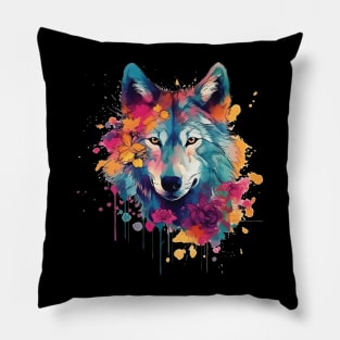 Colorful wolf with flowers Pillow