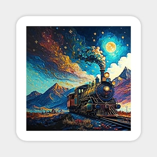 Steam train and mountains and stars oil paint style Magnet