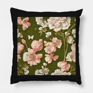 Vintage Floral Light Pink and White Flowers on Olive Green Pillow