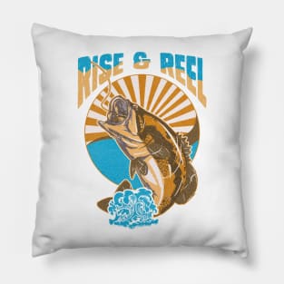 Rise & Reel Large Mouth Bass Lake Fishing Vintage Retro Pillow