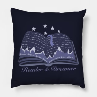 Reader and dreamer dark blue book design with mountains and night sky panorama Pillow