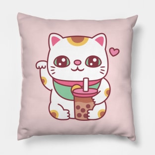 Cute Japanese Maneki Neko Cat With Bubble Tea Pillow