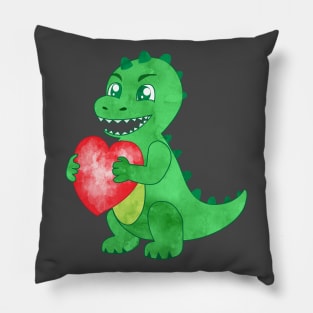 Watercolor Green Dinosaur Hold Heart Valentine Pillow