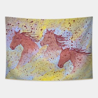 Three horses runing in the desert. Handmade painting. Tapestry