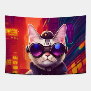 Techno Cat In Japan Neon City Tapestry