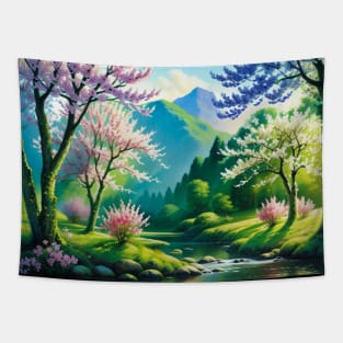 Gorgeous Spring River with Colorful Trees Tapestry