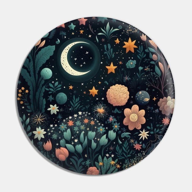 Celestial Bohemian Flowers Aesthetic Design Stars Moon Floral Cosmic Pattern Pin by Step Into Art