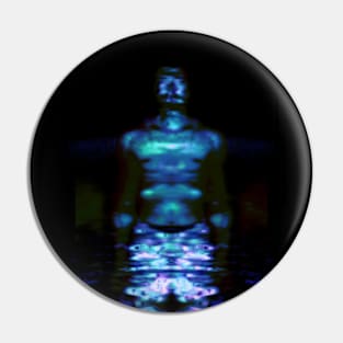 Portrait, digital collage and special processing. Muscular weird guy in briefs. Darkness. Glow. Bright. Pin