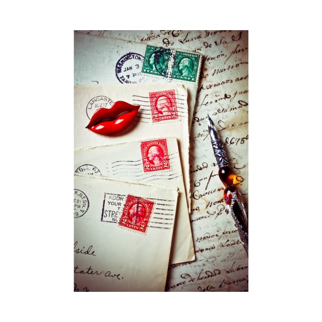 Red lips pin and old letters by photogarry