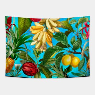 Vibrant tropical floral leaves and fruits floral illustration, botanical pattern, Aqua blue fruit pattern over a Tapestry