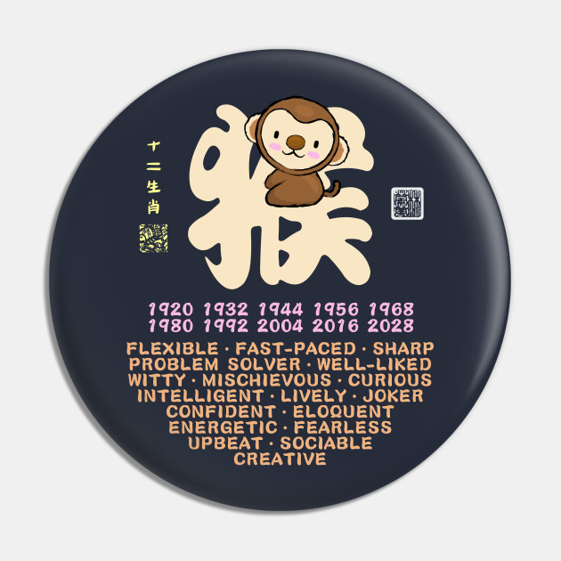 CUTE MONKEY CHINESE ZODIAC ANIMAL PERSONALITY TRAIT - Year Of The Monkey - Pin | TeePublic CUTE MONKEY CHINESE ZODIAC ANIMAL PERSONALITY TRAIT - Year Of The Monkey - Pin | TeePublic