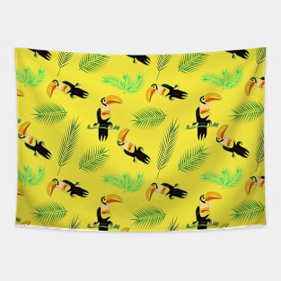 Yellow tropical seamless pattern with toucan bird and palm tree Tapestry