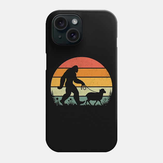 Bigfoot Walking a Sheep Retro Sunset Farm Animal Lover Phone Case by Cuteness Klub