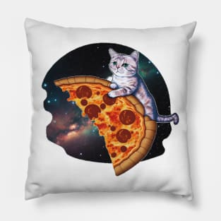 Cat retro vintage riding a slice of pizza in space Pillow